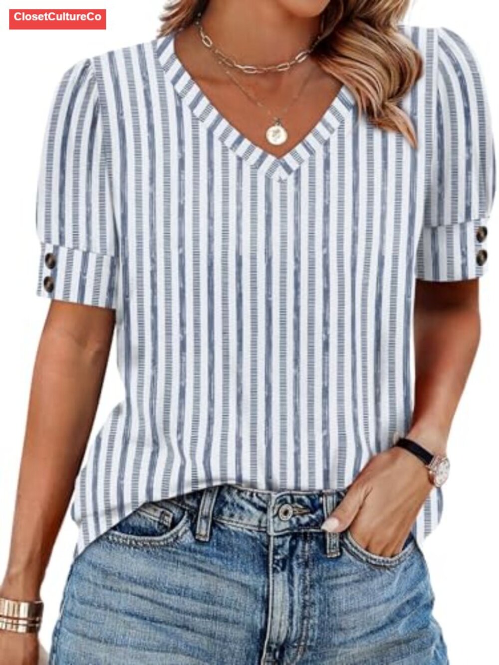 Womens Striped V-Neck Short Sleeve Blouse Loose Fit Casual Top